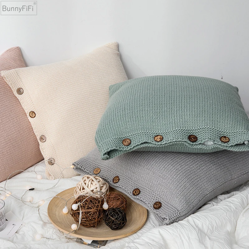 Soft Cotton Knit Cushion Cover Vintage Ivory Grey Pink Green Solid Pillow Case 45cm*45cm Button Open Home Decoration Nordic