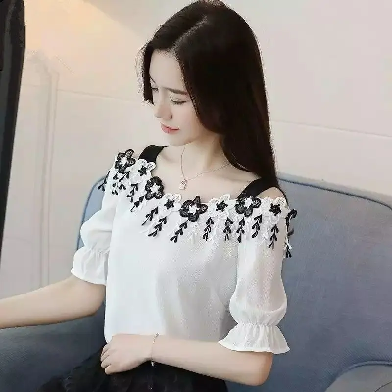 

Women Clothes Summer Korean Fashion Off Shoulder Sling Short Sleeve Tops Women's Trend Casual All-match Temperament Tops