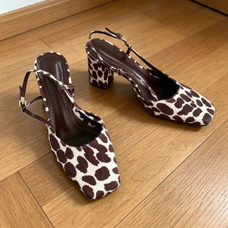 

Women Elegant Square Toe Buckle Chunky Heel Leopard Print Leather Square Toe High Heels Slingback Sandal Luxury Shoes Woman
