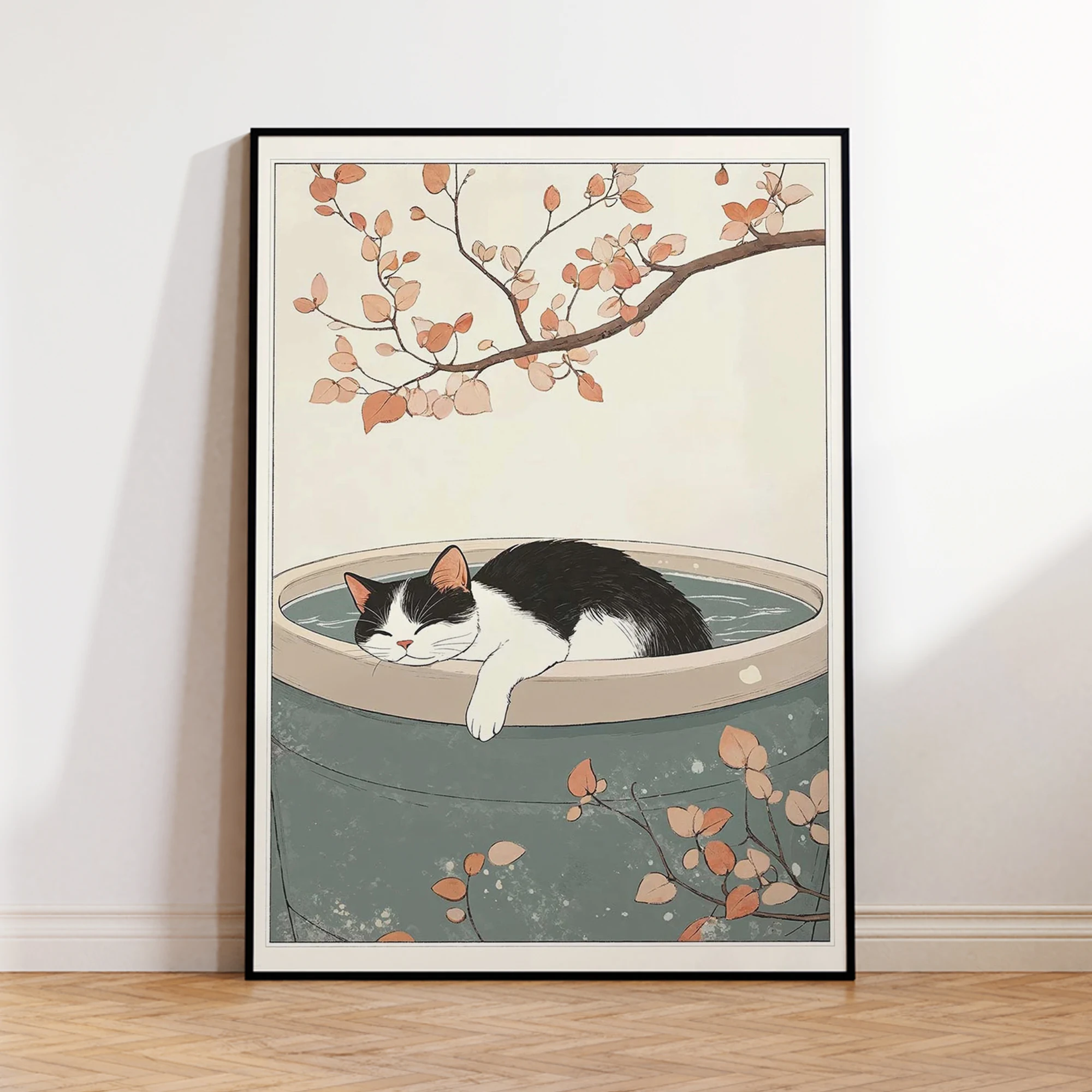 Modern Japanese A Cat Stay In The Water Wall Art Print Canvas Painting Poster Picture For Living Room,Bedroom Home Decor