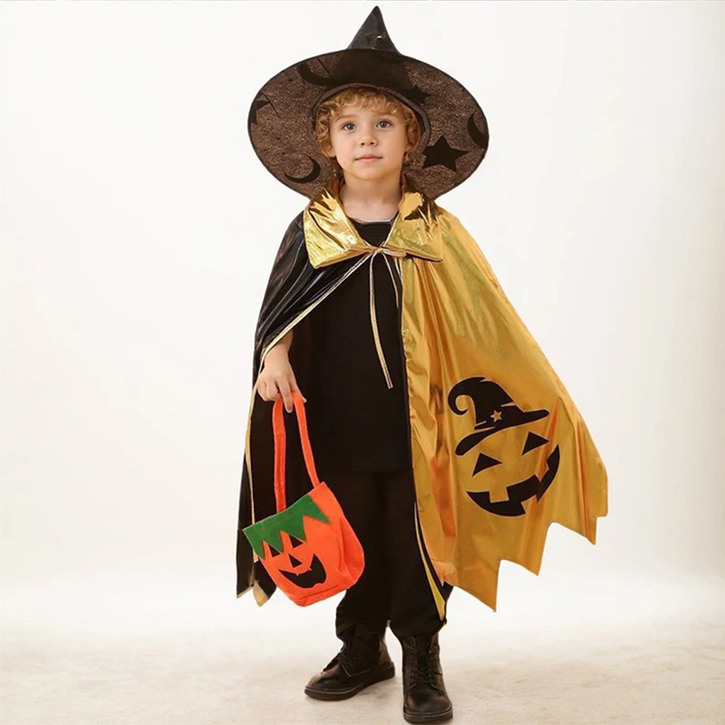 Unisex Meisjes Goud Zwarte Heks Halloween Verkleden Jongens Kinderen Tovenaar Goochelaar Magisch Kostuum