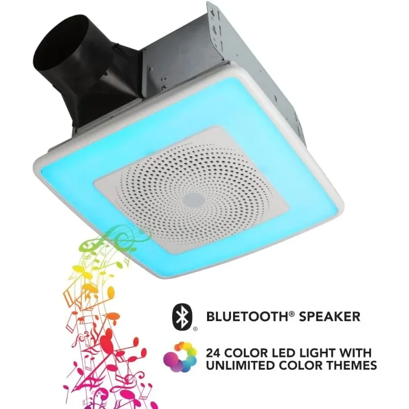 SPK110RGBL ChromaComfort مروحة عادم الحمام، 110CFM/1.5 Sones، مع مكبر صوت بلوتوث Sensonic وإضاءة LED 24 لونًا