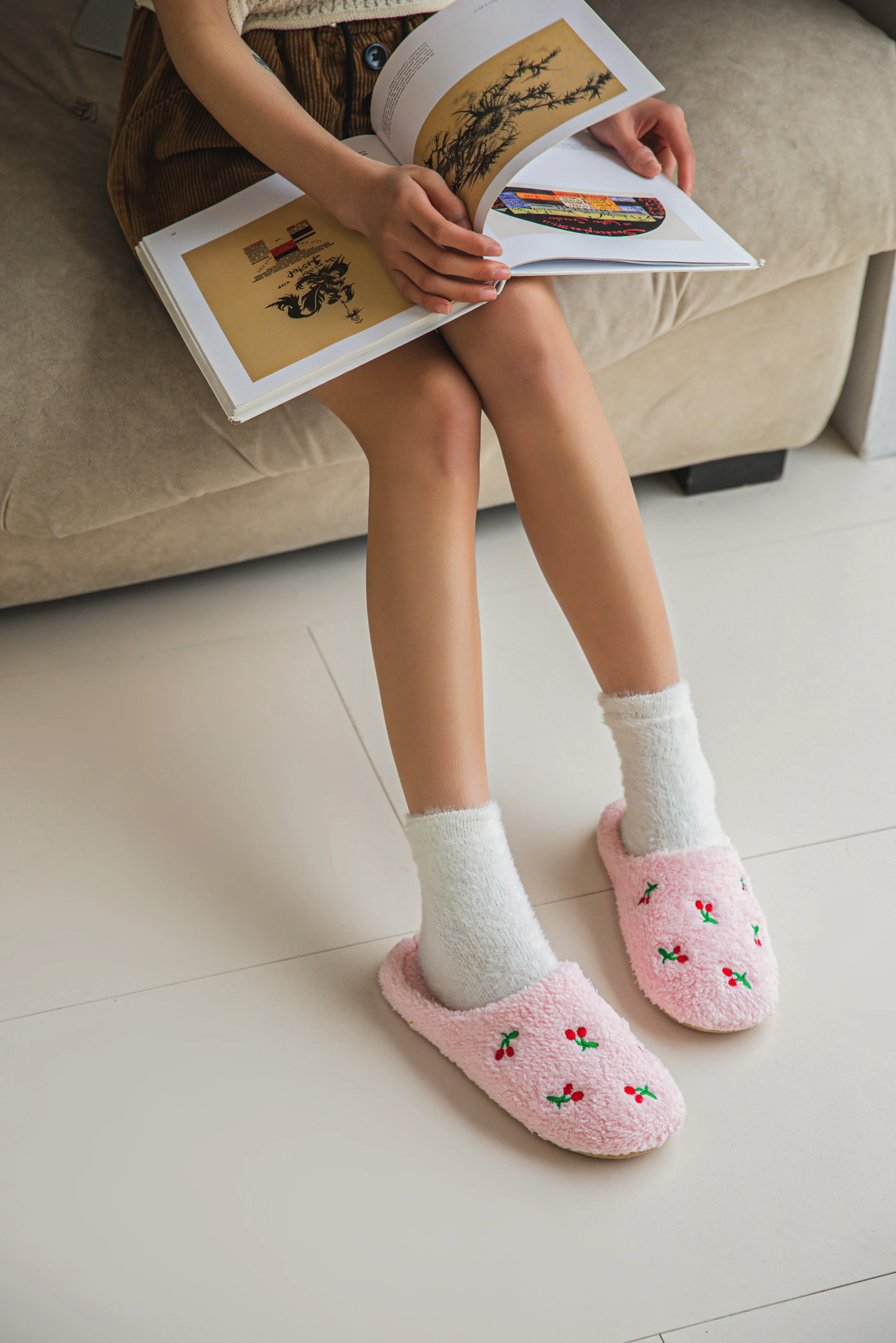Cute Embroidered Fruit Cherry Heart Plush Autumn and Winter Warm Women's Home Slippers Couple's Home Bedroom Slippers Silent Floor Socks Slippers - view 6