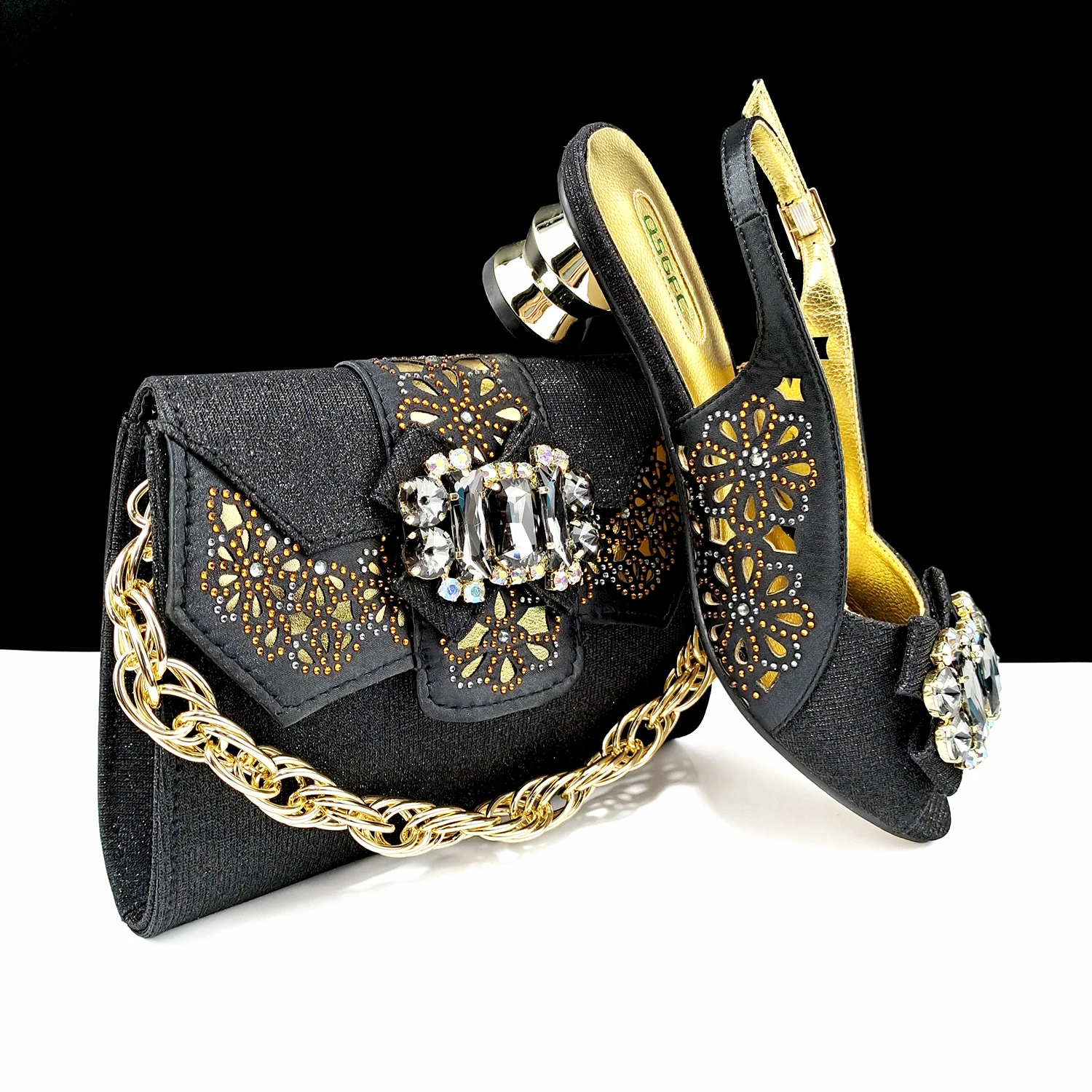 QSGFC New Item Lady Style Shoes and Bag Set Nigerian Fashion Diamond Decorated Women's High Heels Bag