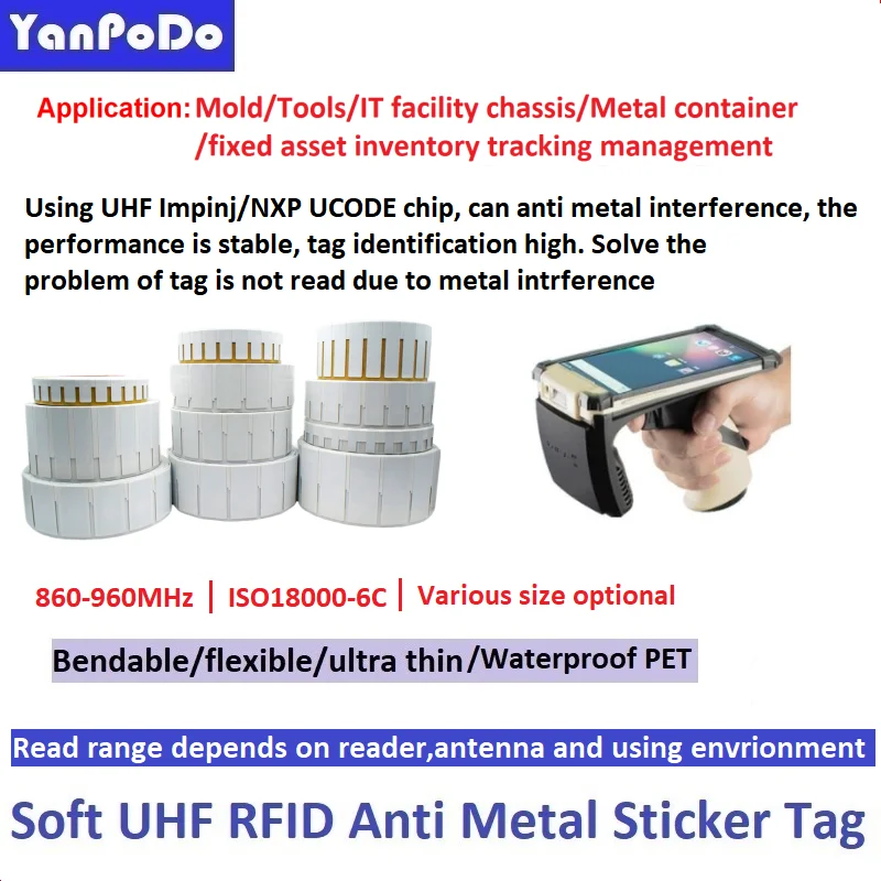 Printable Soft Ultra Thin Adhesive Anti Metal RFID Tag UHF Sticker Flexible Metal Resistant RFID UHF Tag EPC Gen2 Waterproof