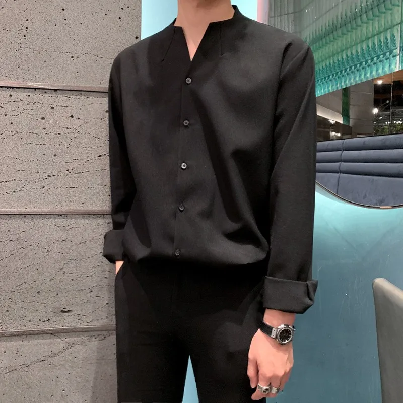 2024 Spring Clothing Men's Casual Collarless Texture Solid Color Shirts Korean Vintage Buttons Long Sleeve Premium Luxury