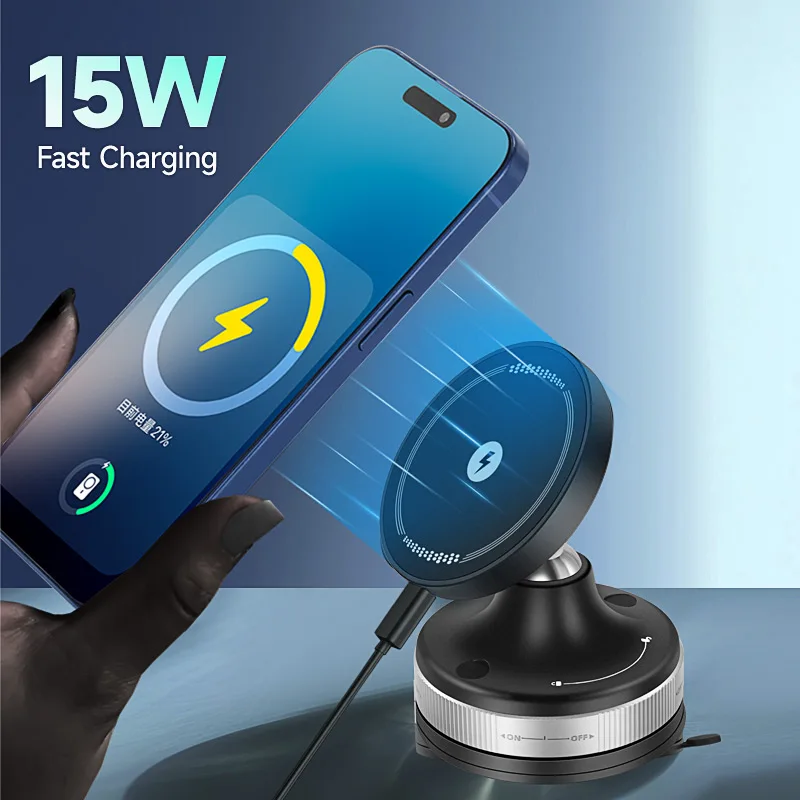 15W Magnetic Car Wireless Charger 360 Rotation 2in1 Aluminum Alloy Foldable Stand For iPhone 18 17 16 Pro Max Samsung Xiaomi