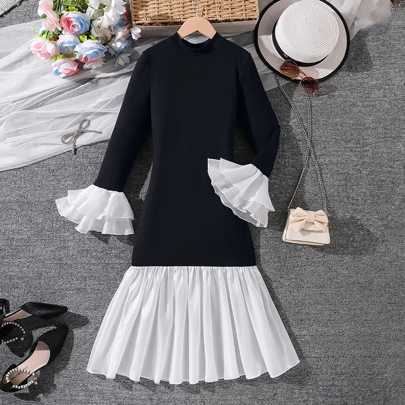 Girls Fall Winter French Style Dress Ruffle Patchwork Flare Sleeve Bodycon Mermaid Hem Princess Dress for 130-170cm