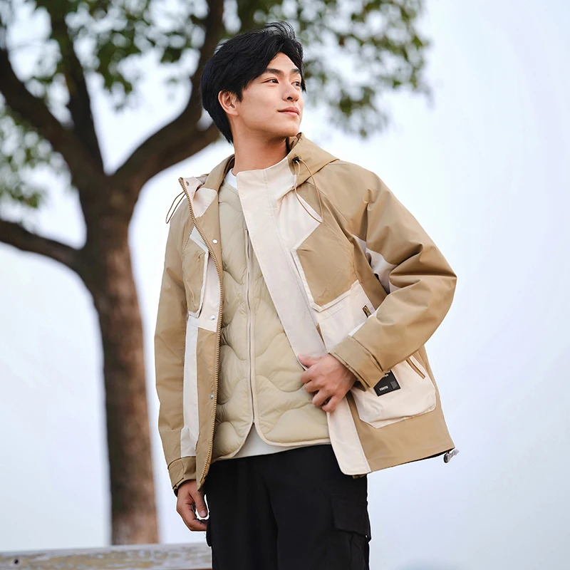 Semir Down Jacket Men Loose Hooded Two-piece Set Spring Contrast Color Patchwork Textured Outerwear Lightweight Outdoor Trendy