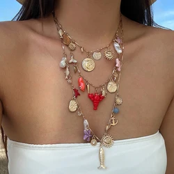 Salircon 3pcs/set Vintage Sun Moon Charm Choker Necklace for Women Trendy Starfish Lobster Imitation Pearl Necklace Neck Jewelry