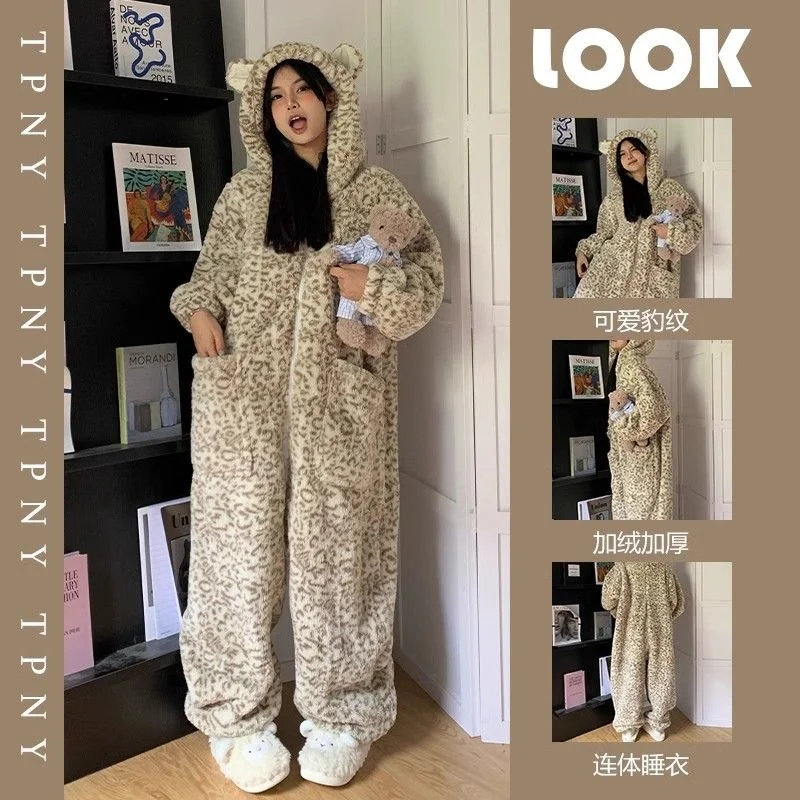 Coral Velvet Onesies Women Winter Sleepwear Lovely Cute Thick Warm Home Cozy Bear-shaped Hooded Sweet Preppy Ins Popular Female