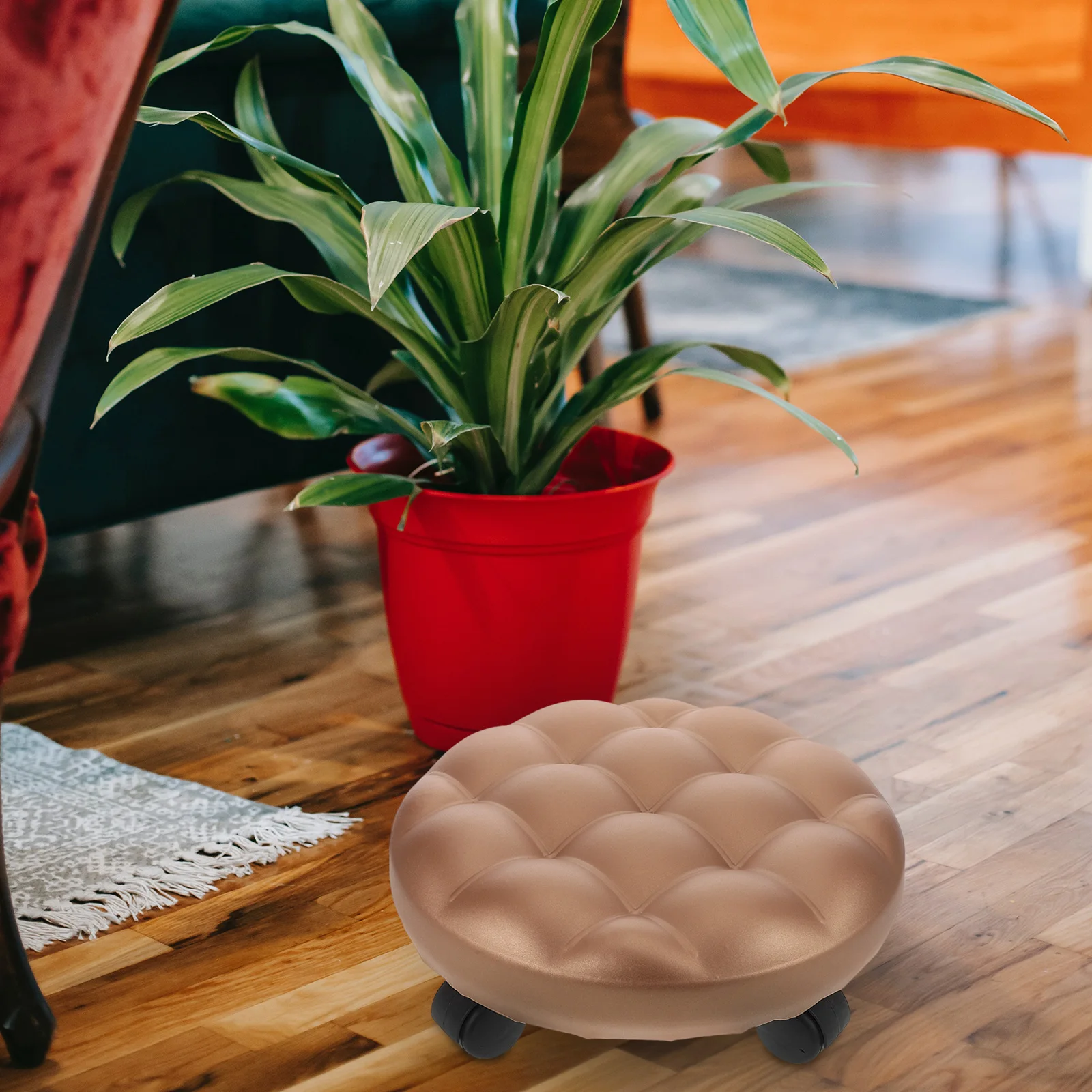 Taburete bajo redondo con ruedas, taburete rodante multiusos para sala de estar, cocina, baño, fácil de mover, diseño que ahorra espacio