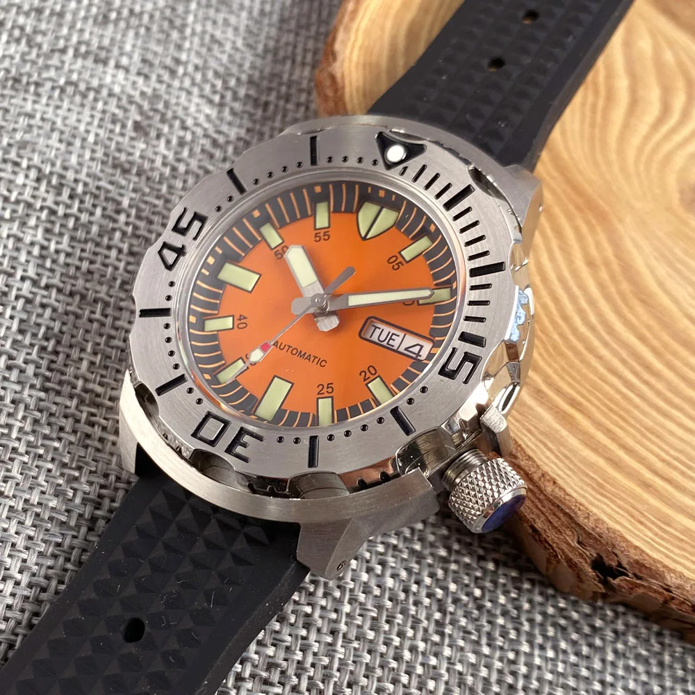 42mm Watch For Men Green Luminou Monster Tandorio 200m Waterproof NH36 Automatic Orange Dial Steel Bracelet Sapphire Glass