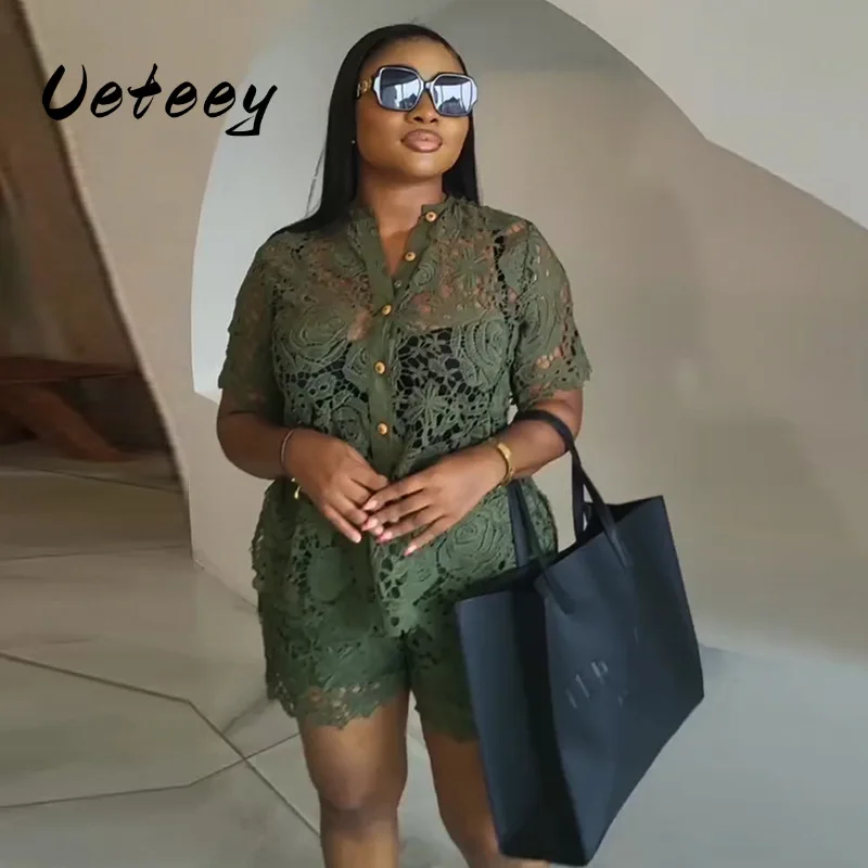 

Ueteey Lace Two Piece Shorts Set for Women Half Sleeve Shirt Tops + High Waist Shorts Female Streetwear Matching Outfits 2025