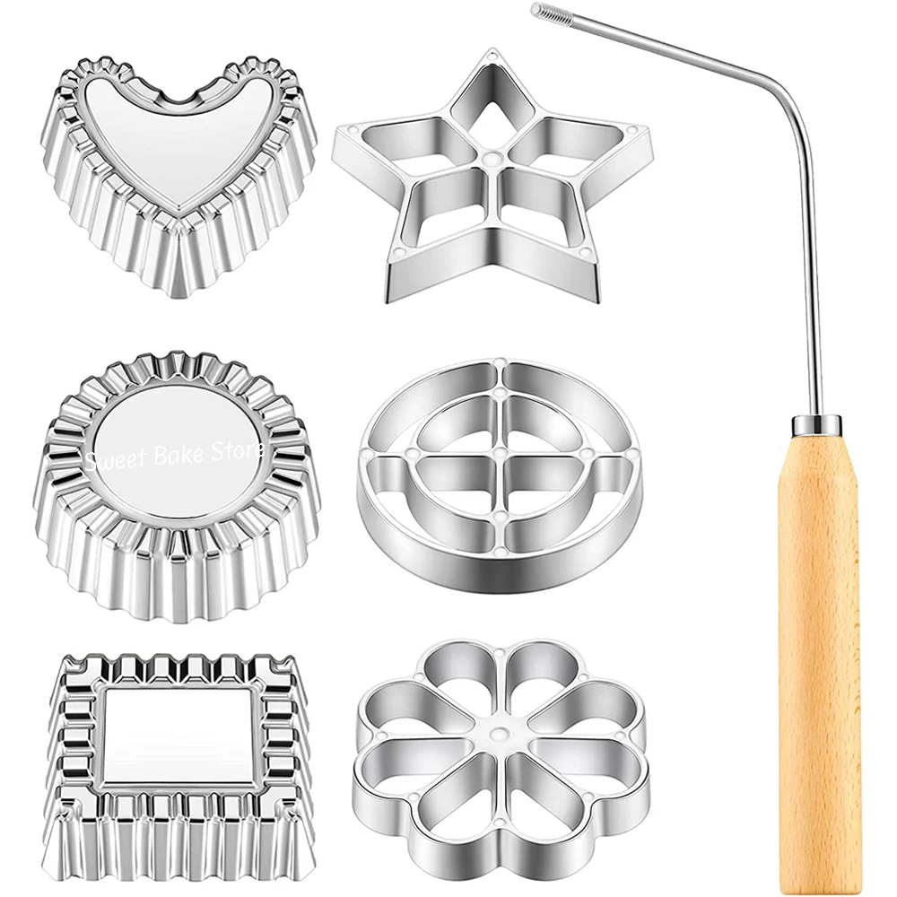 7PCS/Set Rosettes Timbal Molds With Wooden Handle, Lotus Flower Shape Cookie Mould, Funnel Cake Maker Cooking Stamp Maker Kit