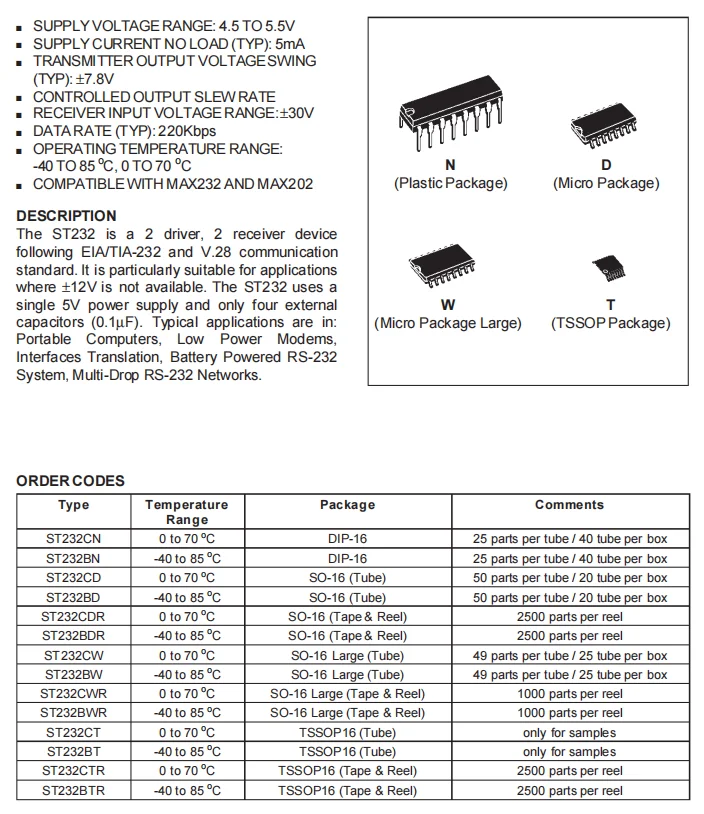 ST232BDR SOP16 5V Multi-Channel RS-232 Driver and Receiver 10Pcs/lot