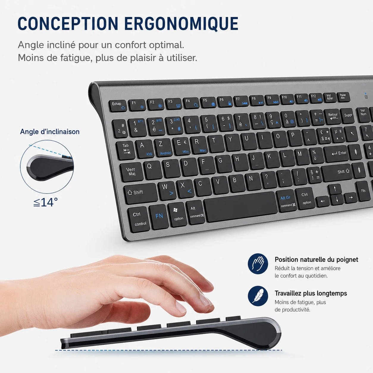 Francuska bezprzewodowa klawiatura Ultra Slim Dual Mode 2.4G i Bluetooth, kompaktowa, energooszczędna klawiatura z układem AZERTY dla systemów Windows i iOS. — zdjęcie produktu 4