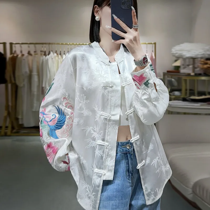 High-end Spring Summer Top Chinese Tang Attire Retro Embroidery Jacquard Elegant Lady Blouse Sunscreen Clothing Female S-XXL