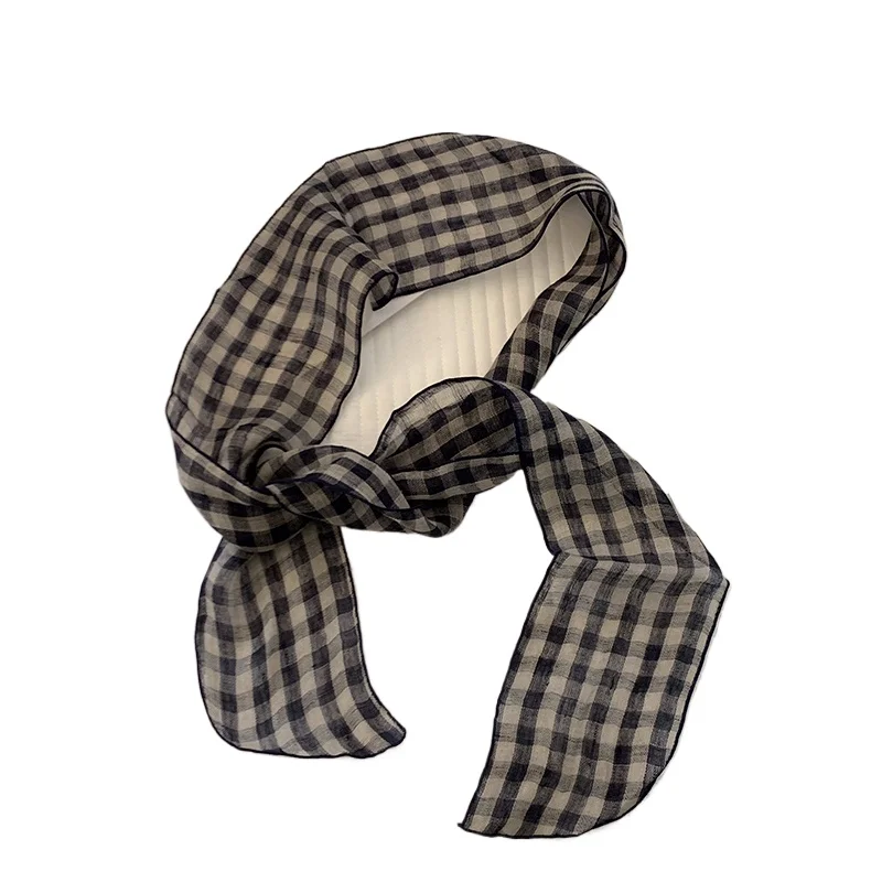 

Japanese retro cotton and linen plaid silk scarf women's decorative neck scarf high-end headband streamer
