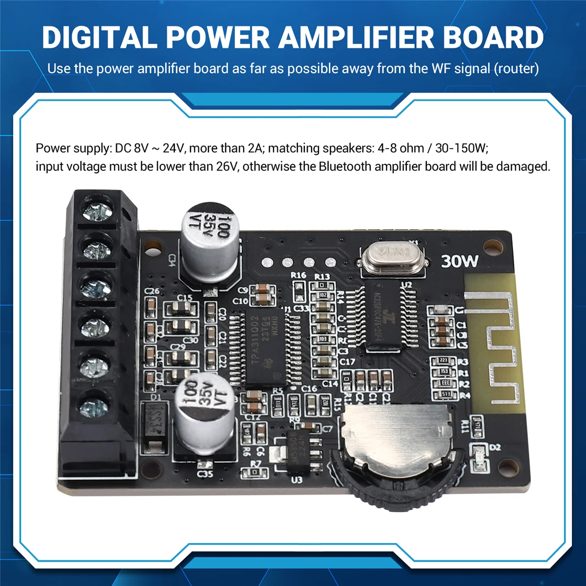 20W Stereo Bluetooth Power Amplifier Board 12V / 24V High Power Digital Power Amplifier Board XY-P15W Without Shell