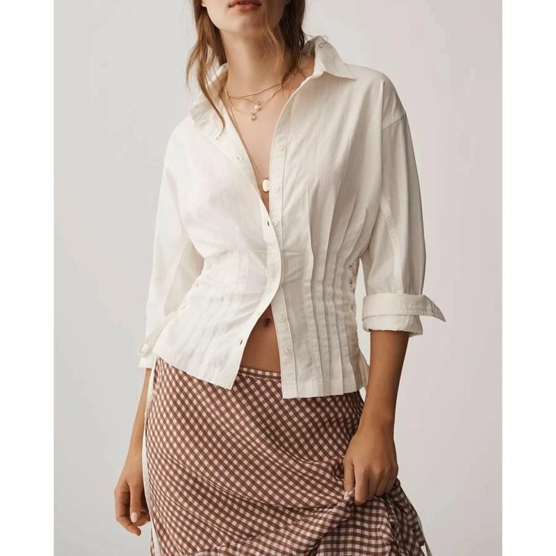 Combhasaki 女性クリーンフィットエレガントスリムフィットシャツボタンダウンラペル襟付きディープ V ネックトップスプリーツウエスト長袖ブラウス