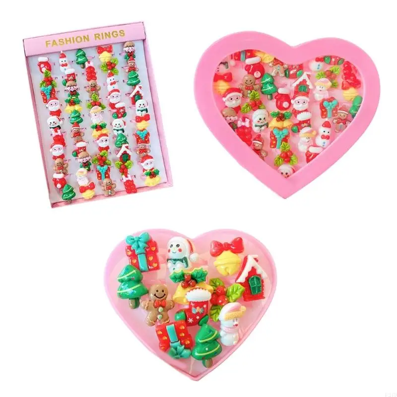 F2TD Children's Christmas Ring Collection Assorted Shapes Finger Rings for Holiday Celebrations Kids Dress Up Rings Jewelry