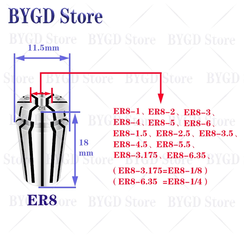 BYGD ER8 Spannzangenfutter ER ER8 ER11 Spannzangensatz Werkzeughalterhalterung aus 65Mn-Federstahlmaterial ER8A ER8M – Detail 1