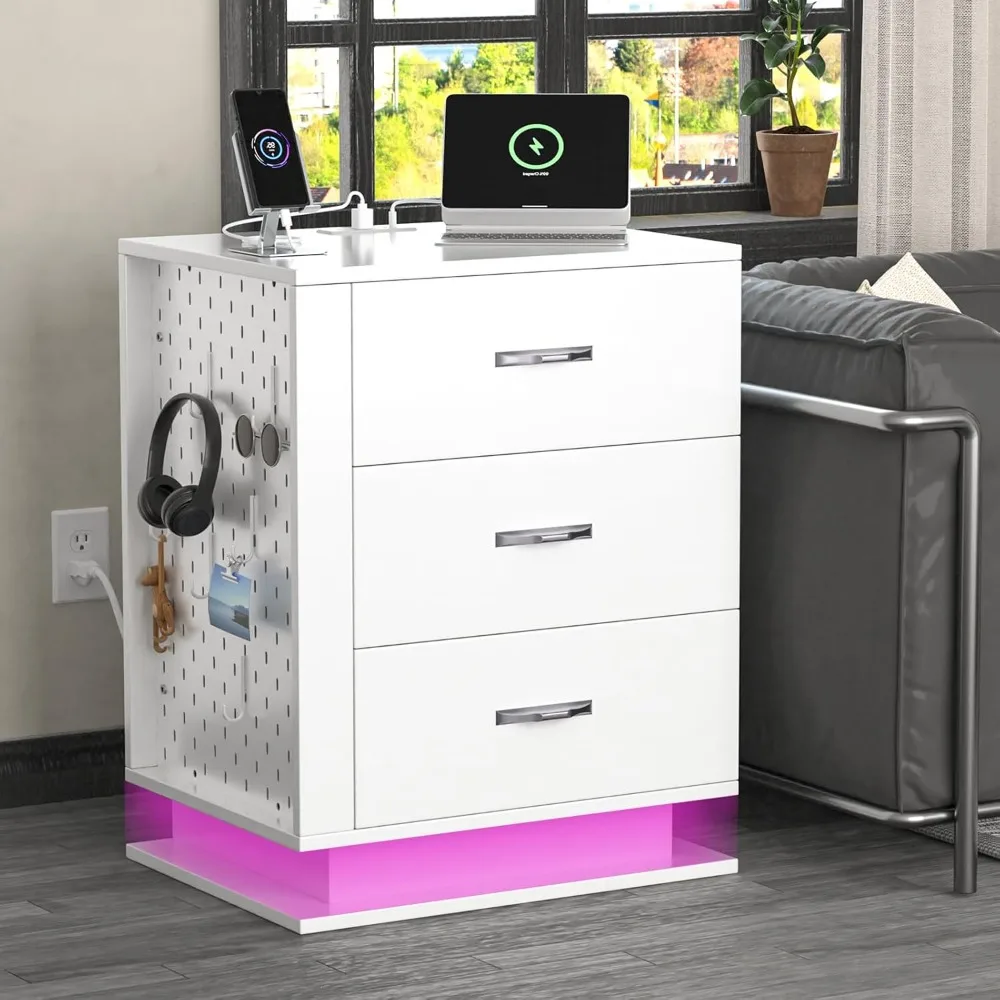 

White Modern Nightstand with Charging Station, Pegboard and Hooks, LED Nightstand, 3 Drawer Smart Side Table