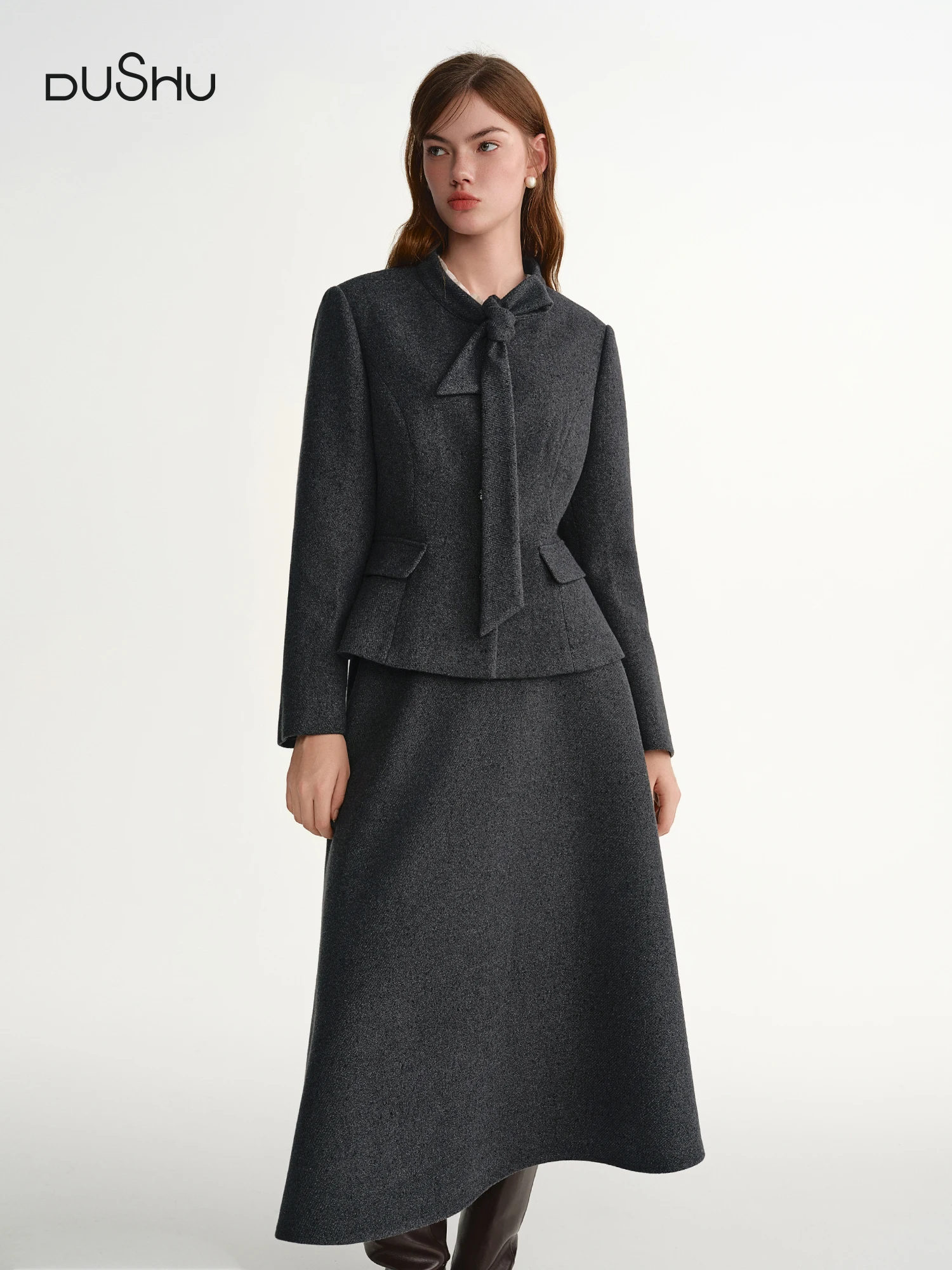 DUSHU Plus-Size Pariser Stil Retro Elegant Zweiteiliger Anzug Damen Anspruchsvolle Jacke A-Linie Rock Sets Schlankes, figurbetontes Schleifendesign