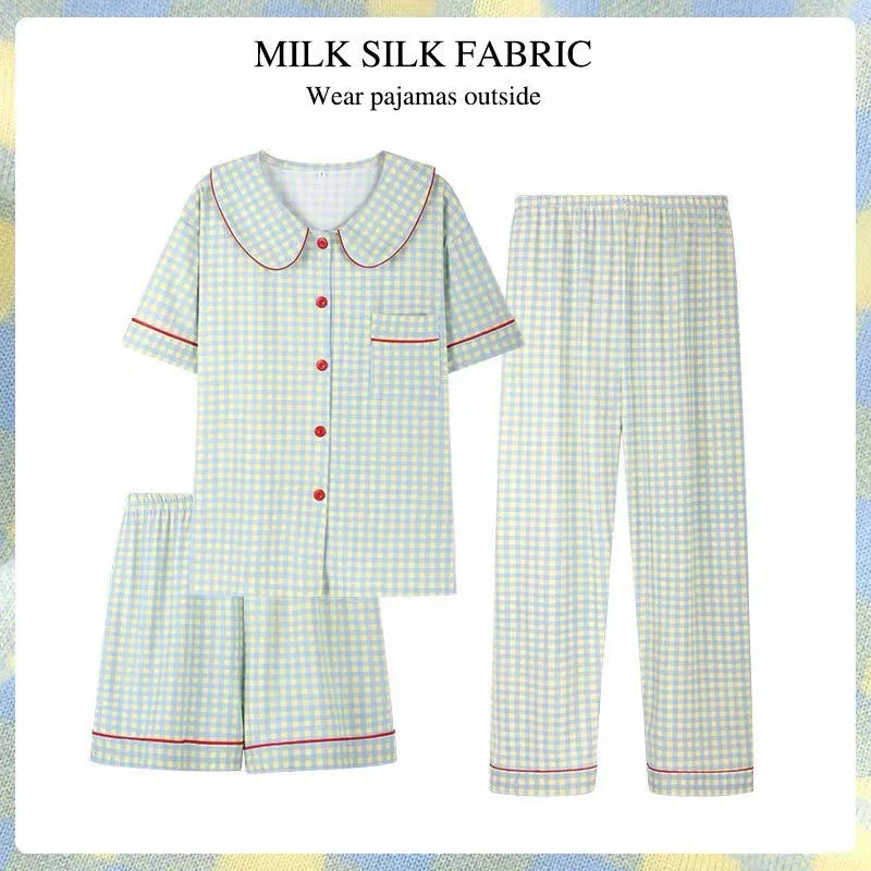 

Ladies Three-Piece Plaid Pajamas Set with Short-Sleeved Cardigan Winter Home Wear Christmas Girl Sleepwear Simple Design