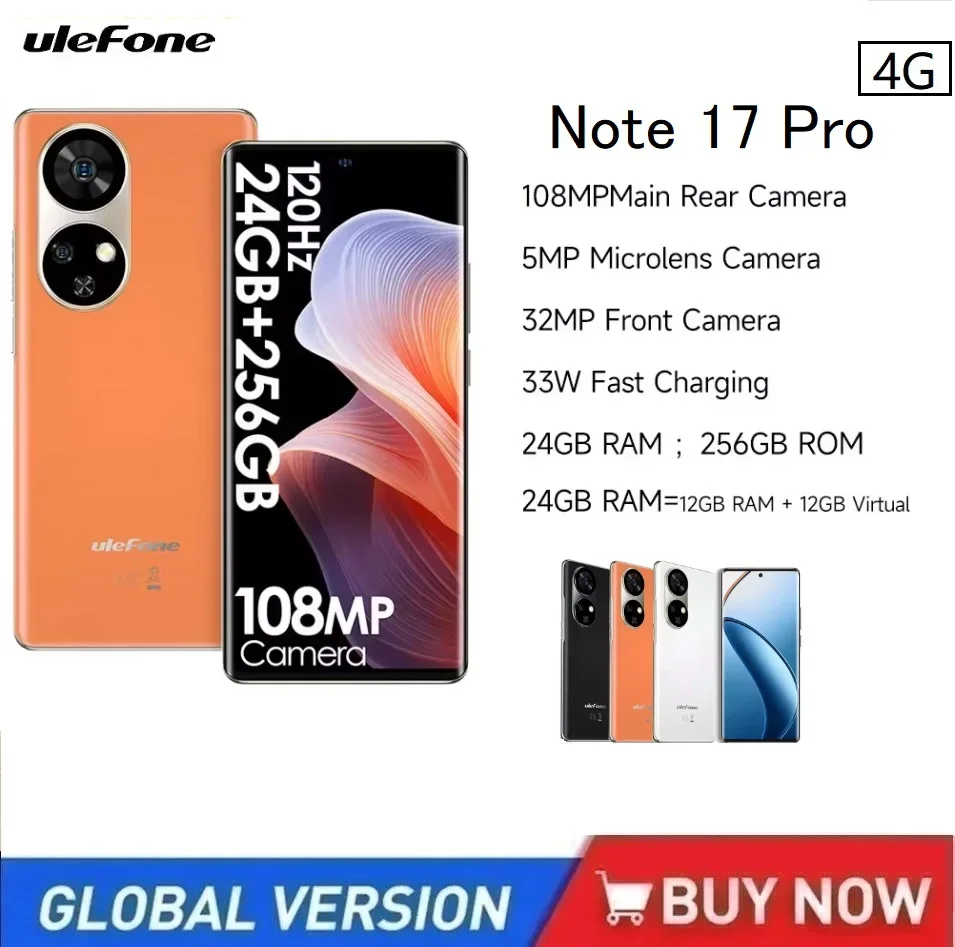 Ulefone Note 17 Pro Smartphone Android 6.78 Inch 120HZ AMOLED Curved Display Octa Core 24GB+256GB 108MP 5050mAh,Mobile Phone