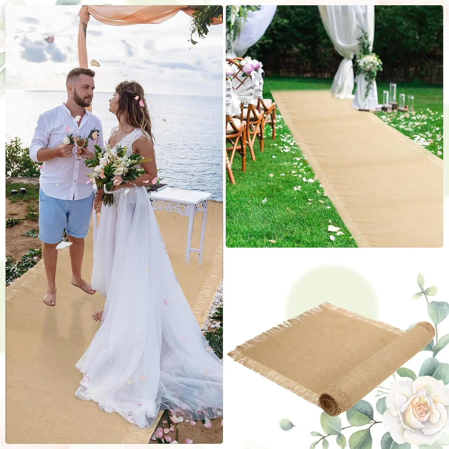 Jute-Hochzeits-Gangläufer mit Fransenrand, Zeremonie, Runway-Teppichrolle für drinnen und draußen, Hochzeit, Party, Brautparty – Detail 9