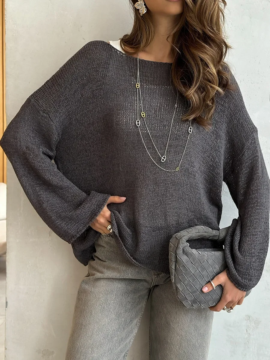 

Women's Spring Knitted Hollow Long Sleeved Sweater Simple Solid Color Top Female Versatile Casual Sweater Pullovers