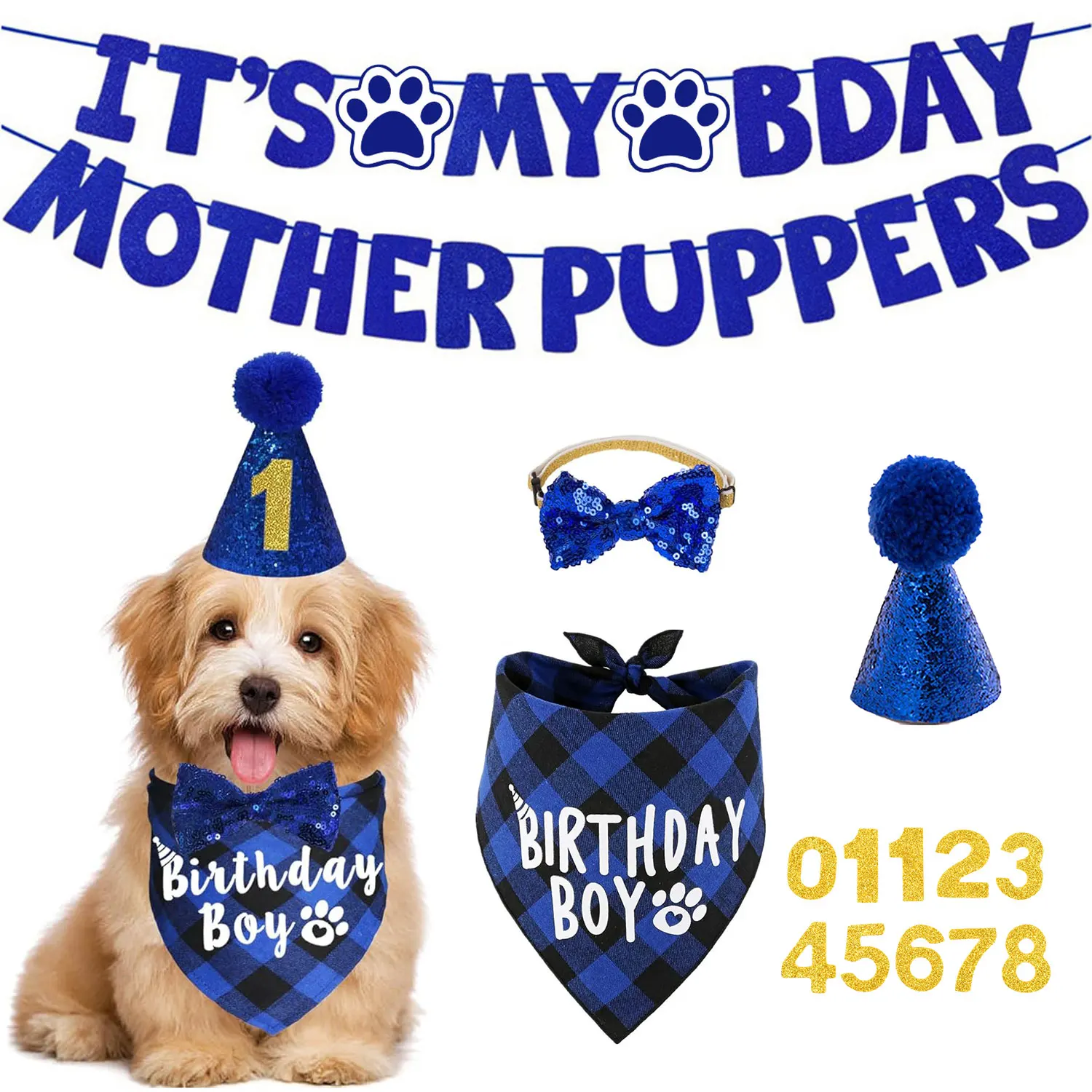 

Dog Birthday Party Set - Includes scarf, hat, bow tie, and birthday banner for small dogs, puppy decorations