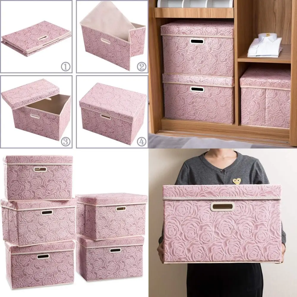 

5-Piece Foldable Fabric Storage Cubes with Lids, Decorative Organizer Baskets for Bedroom, Closet, Nursery - Pink, 17.7x11.8x11.