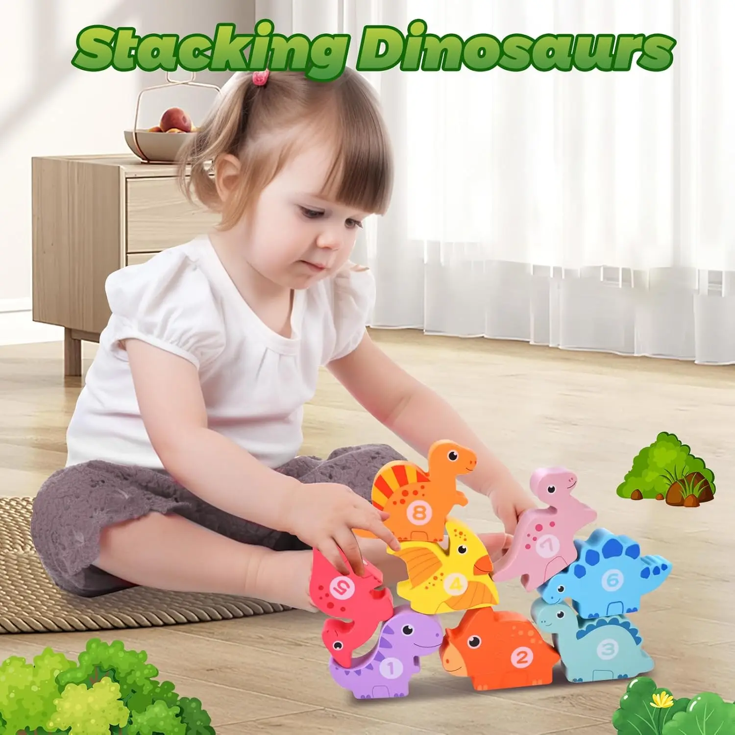 Dinosaur Toys for Kids 3-5, 21PC Magnetic Wooden Train, Dinosaur Stacking Blocks Toys, Match Number & Color, Toddler Montessori