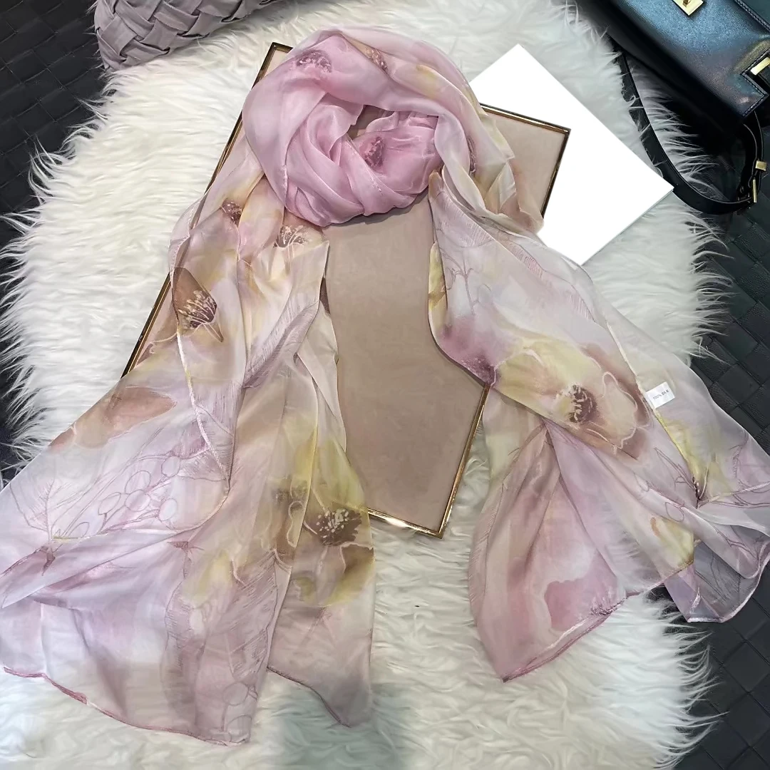 BYSIFA| China Style Pink Coffee Silk Scarf Hijab Winter Ladies 100% Silk Long Scarves Wraps Foulard Spring Summer Beach Shawls