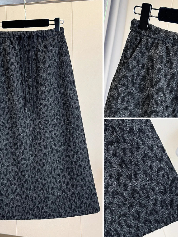 Fall Winter Leopard Print High Waist Loose Drapey Slimming Midi A-Line Skirt plus Size Women's Commute Art Style Polyester Bl...