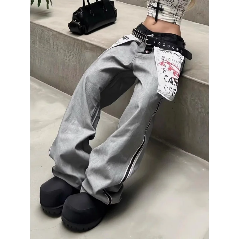 American Retro Design Sense Old-fashioned Large Pocket Printed Jeans for Women Casual Loose Wide-leg Trousers