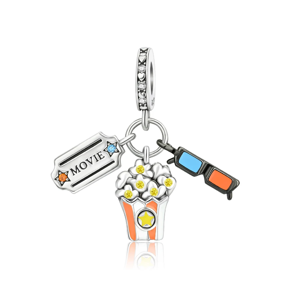 

Danturn 925 Sterling Silver Original Bead Popcorn, Glasses, Movie Charm fit Snake Chain Bracelet Fashion Women Jewelry Making