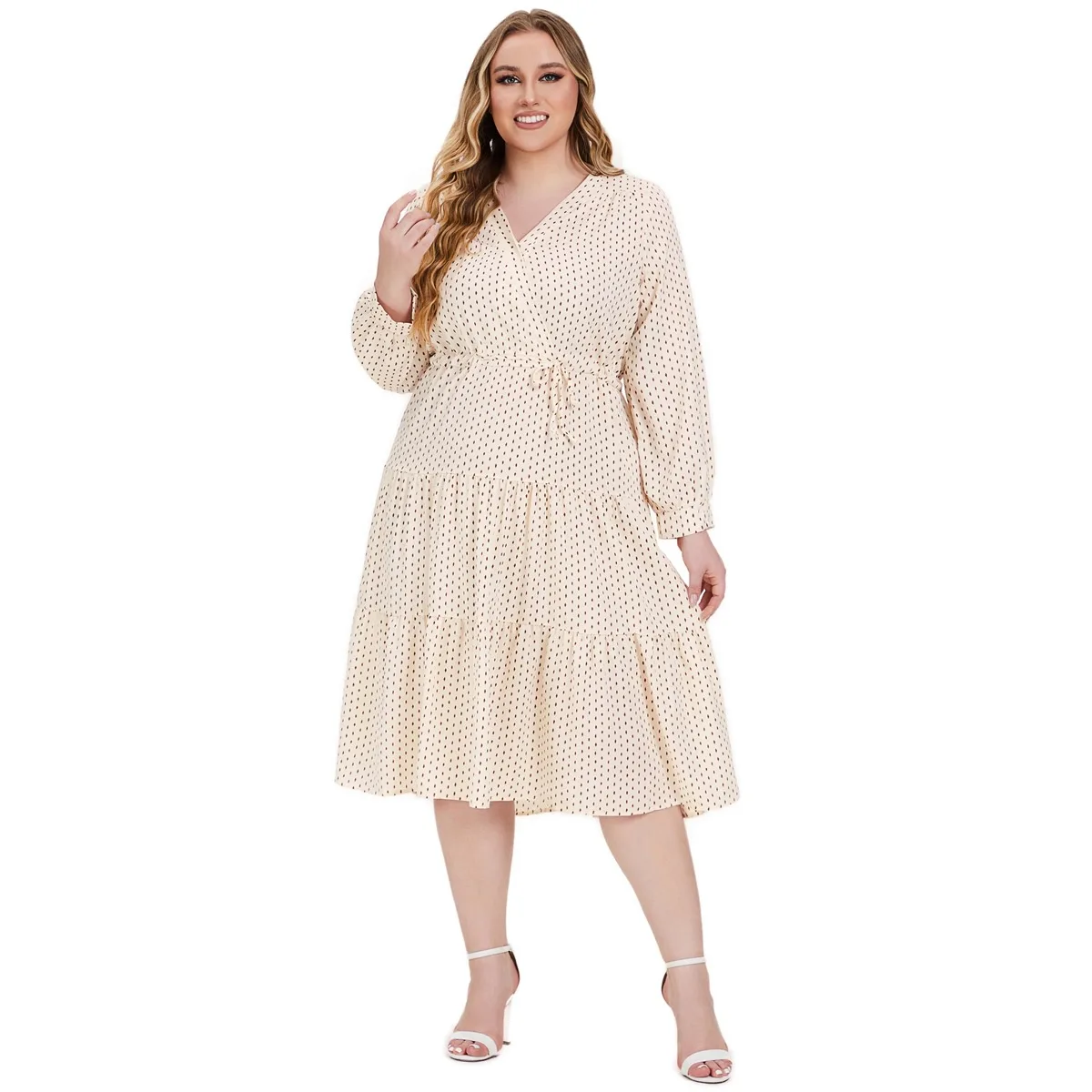 Plus Size Women\'s Dresses New Arrivals in Autumn V-neck Long Sleeves Party Dresses Casual Commuting French Style Plus Size Dress