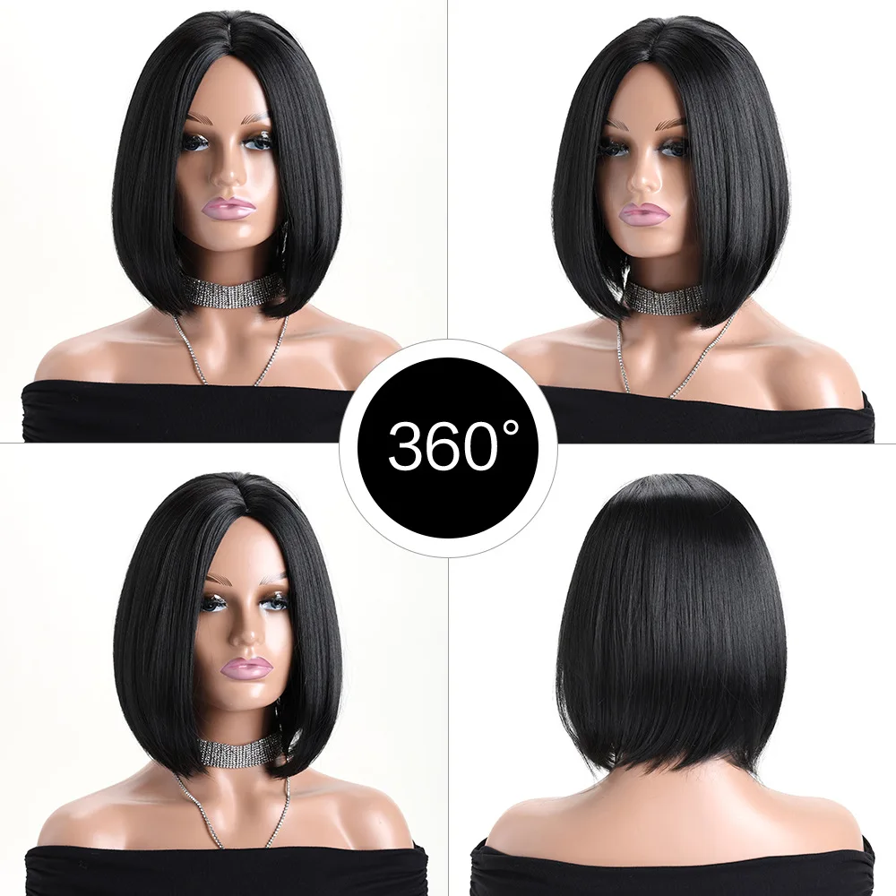 BOBO-Synthetic Short Straight Wig for Women, Natural Black, Heat Resistant Hair, Daily Bob Wigs