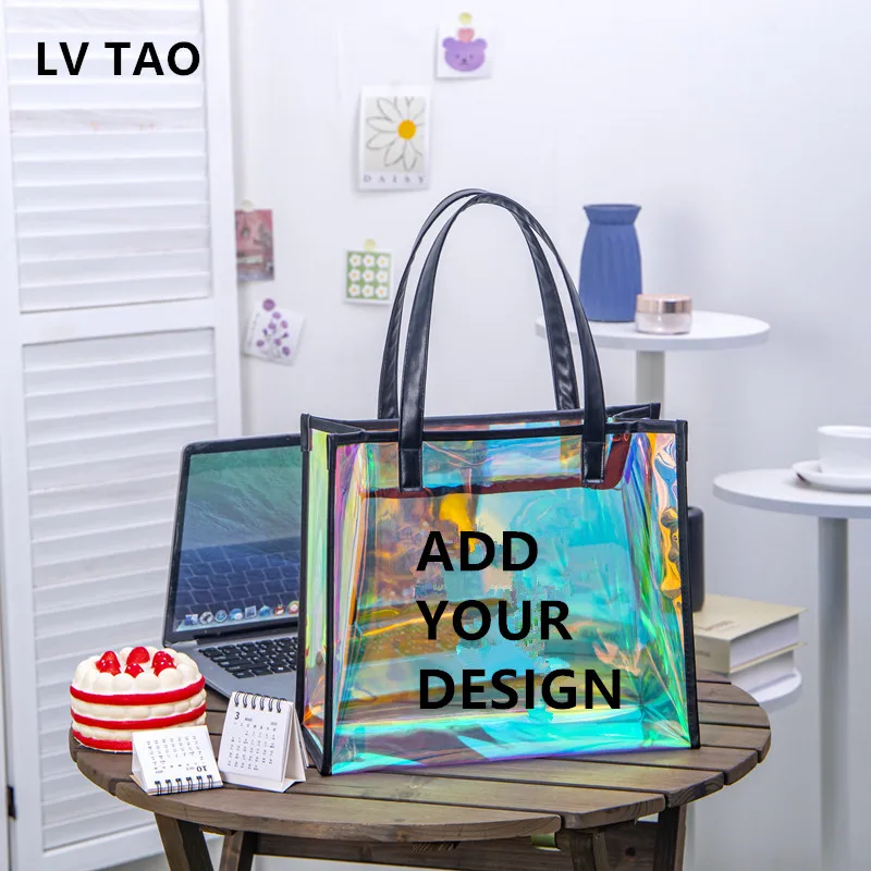 Custom Tote Bag Add Your Print Original Design Zipper Fashion Bags Large Capacity Clear Holiday Beach Travel Shoulder Laser Bag