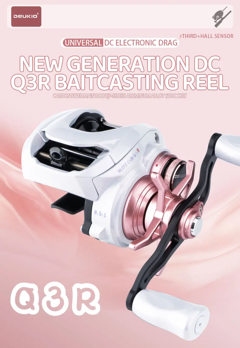 DEUKIO Baitcasting-Rolle DC Elektronische Bremse 8.5:1, 7-Serie Aluminiumlegierungsgehäuse IP67 6+1BB Salzwasser-Angelrolle Pink – Detail 1