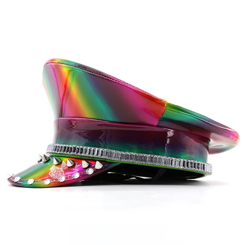Colorful Laser Patent Leather Studded Flat Hat For Women Party Pu Leather Navy Hat Cross-border Glossy Performance Beret