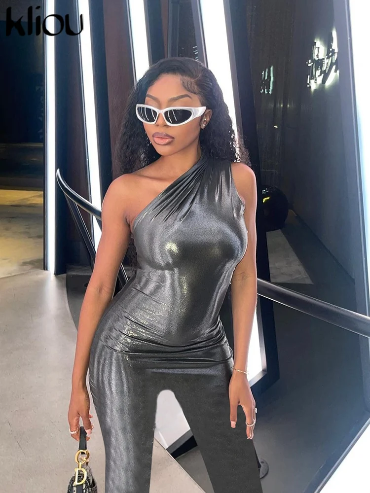 Kliou Shiny Hipster Jumpsuits Women Sexy Solid Inclinded Shoulder Sleeveless Silky Slim One Piece Outfit Lady Streetwear Overall