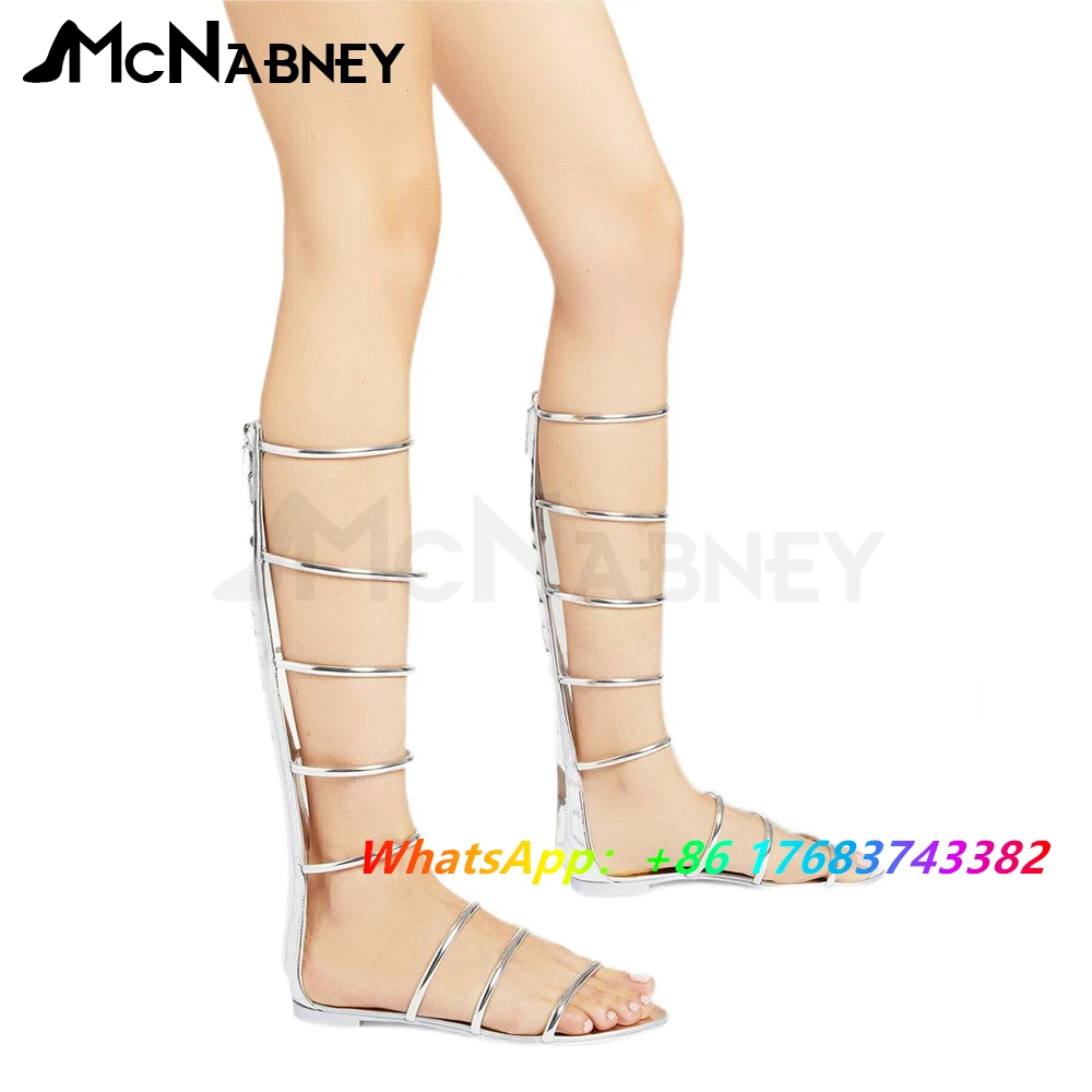 Zipper Sandals Boots Patent Leather Summer Shoes Flat Round Toe Sandals Knee Boots Summer Sandals Women Black Gold Flats Shoes