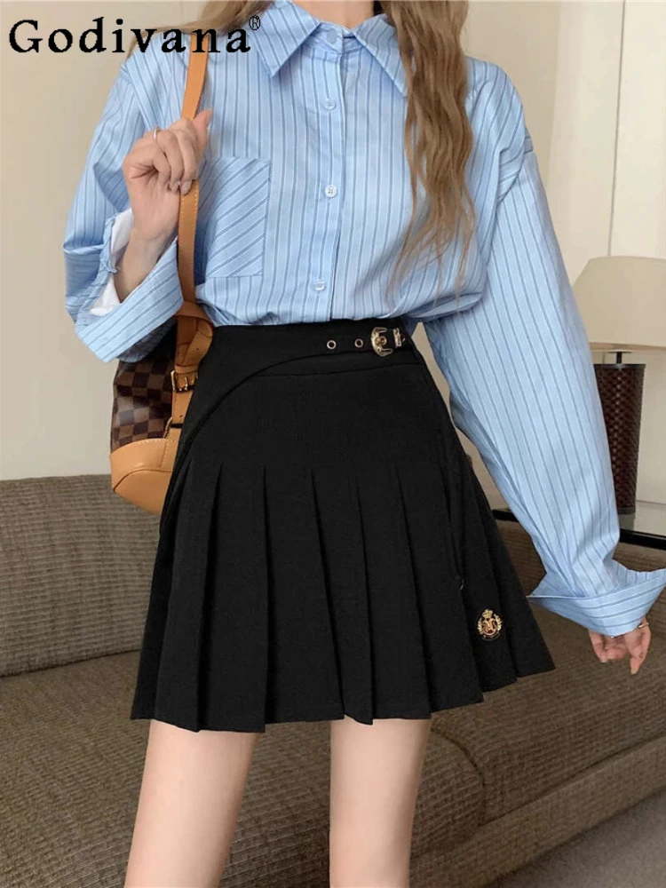 

Large Size British College High Waist Age Reduction Korean Pleated Skirt Summer Girls A-line Embroidery Japanese Jk Short Skirts