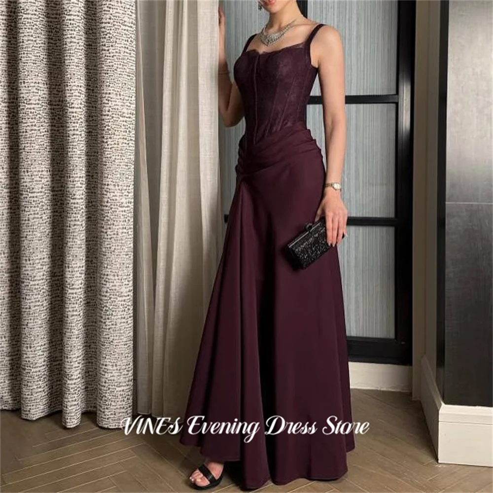 

VINES Plum Satin Evening Dress Spaghetti Strap Party Dresses with Lace vestidos de fiesta Ruched Waist Prom Gowns Customized