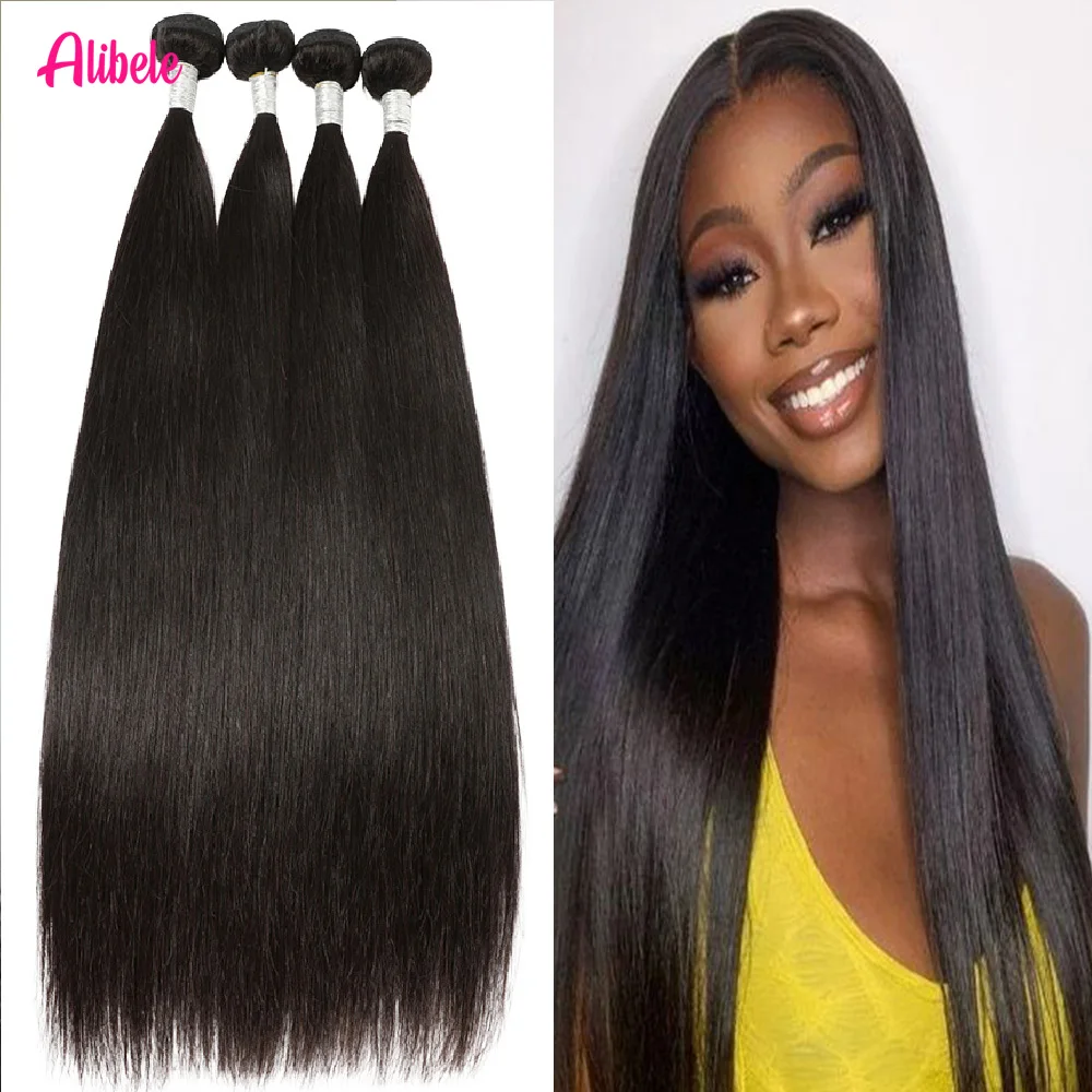

Alibele наращивание натуральных волос черного цвета, прямые пучки человеческих волос с двойным утком, 15A, 1/3/4 шт., 12-32 дюйма